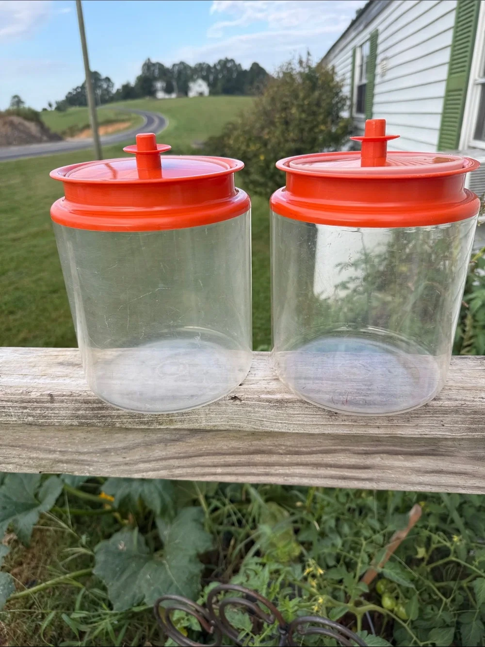 Vintage Tupperware Clear Canisters with Bright Orange Lids - Pair